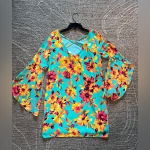 Womens Retro Dress Size Small Hippie Vibrant Floral Dress Flared Sleeves Teal